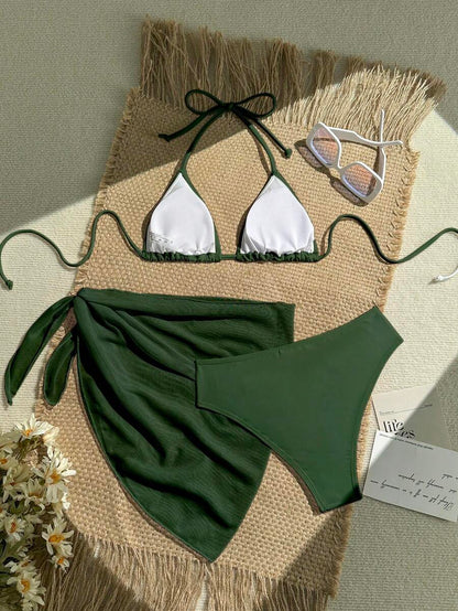 Women's 3-Piece Solid Halter Bikini Set - Knot Detail, Skirt Cover-Up, Triangle Cup, Red
