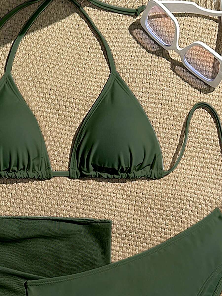 Women's 3-Piece Solid Halter Bikini Set - Knot Detail, Skirt Cover-Up, Triangle Cup, Red