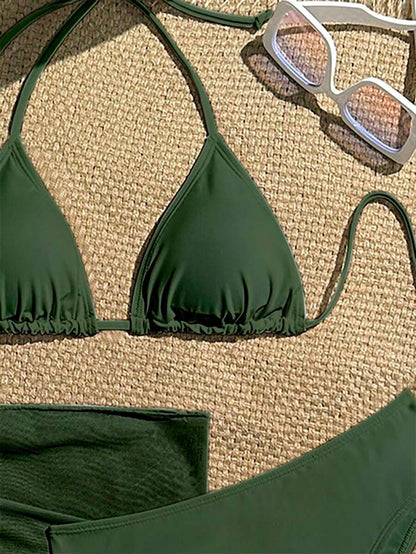 Women's 3-Piece Solid Halter Bikini Set - Knot Detail, Skirt Cover-Up, Triangle Cup, Red