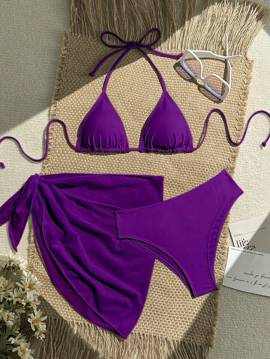 Women's 3-Piece Solid Halter Bikini Set - Knot Detail, Skirt Cover-Up, Triangle Cup, Red