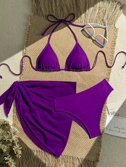 Women's 3-Piece Solid Halter Bikini Set - Knot Detail, Skirt Cover-Up, Triangle Cup, Red