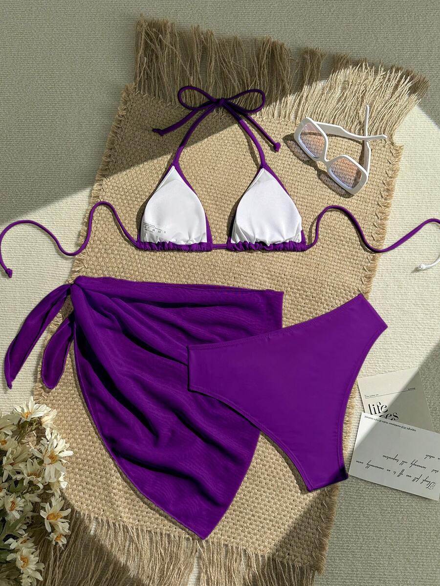 Women's 3-Piece Solid Halter Bikini Set - Knot Detail, Skirt Cover-Up, Triangle Cup, Red