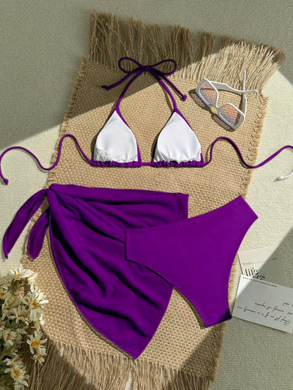 Women's 3-Piece Solid Halter Bikini Set - Knot Detail, Skirt Cover-Up, Triangle Cup, Red