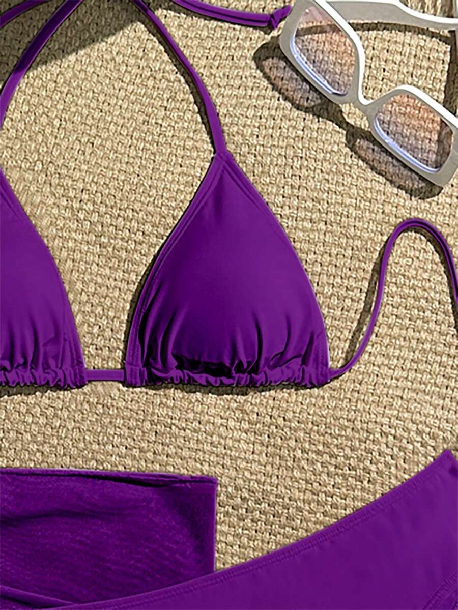 Women's 3-Piece Solid Halter Bikini Set - Knot Detail, Skirt Cover-Up, Triangle Cup, Red