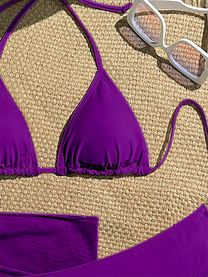 Women's 3-Piece Solid Halter Bikini Set - Knot Detail, Skirt Cover-Up, Triangle Cup, Red