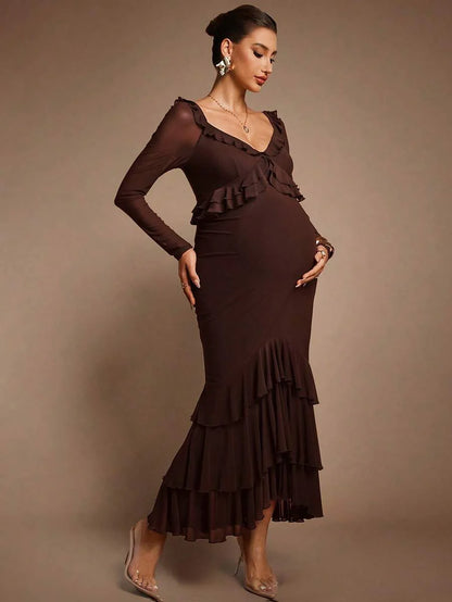 Elegant Party Solid Color Ruffle Hem Fishtail Maternity Dress Brown Luxury Evening Chic Baby Shower Maxi Long Chocolate Pregnancy For Photoshoot
