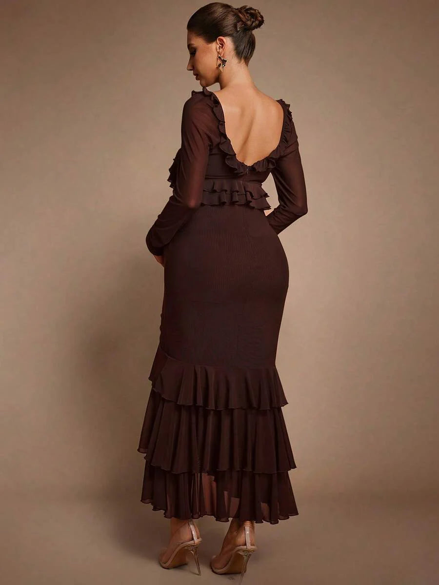 Elegant Party Solid Color Ruffle Hem Fishtail Maternity Dress Brown Luxury Evening Chic Baby Shower Maxi Long Chocolate Pregnancy For Photoshoot