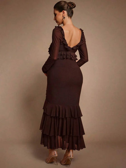 Elegant Party Solid Color Ruffle Hem Fishtail Maternity Dress Brown Luxury Evening Chic Baby Shower Maxi Long Chocolate Pregnancy For Photoshoot