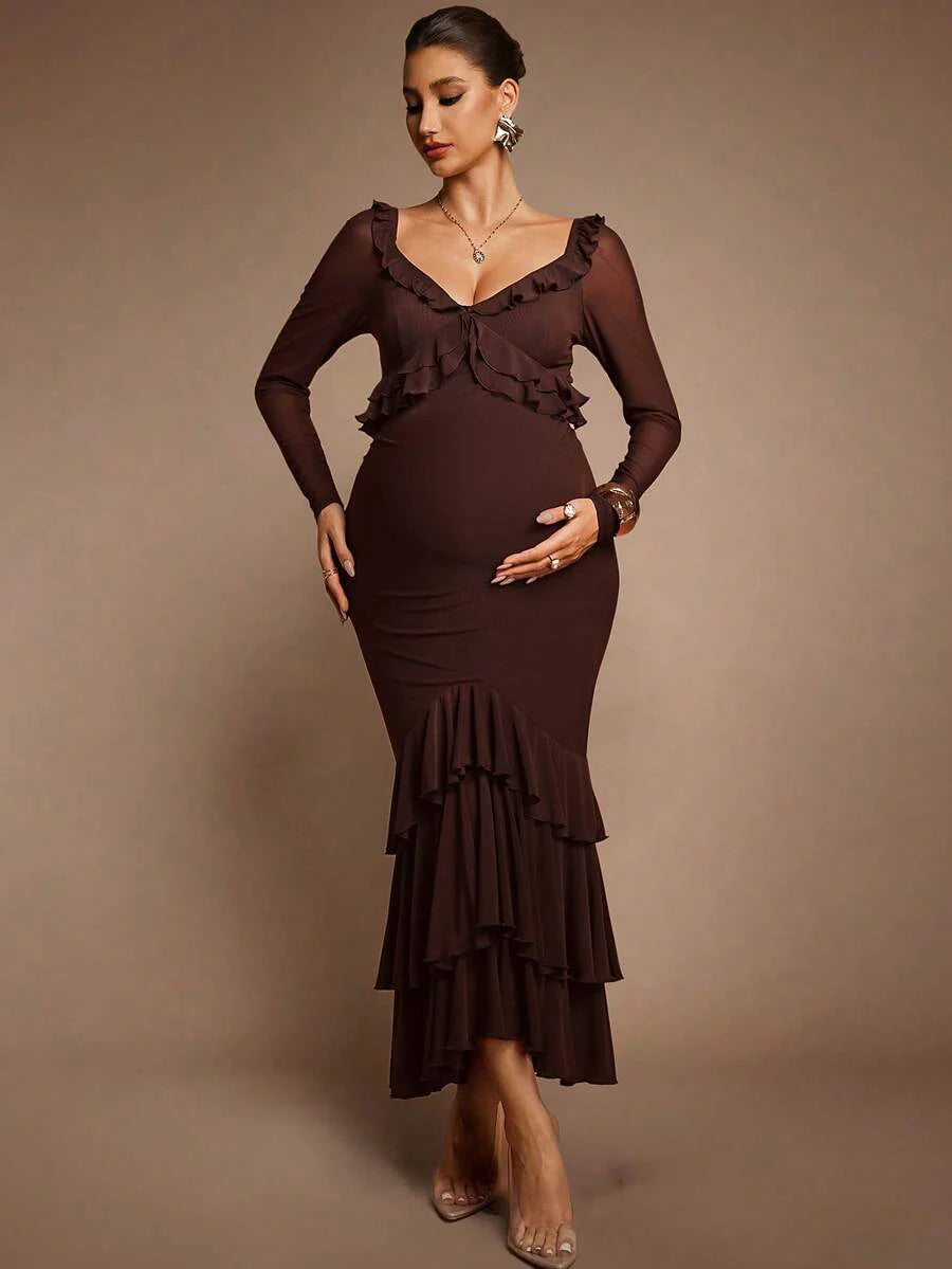 Elegant Party Solid Color Ruffle Hem Fishtail Maternity Dress Brown Luxury Evening Chic Baby Shower Maxi Long Chocolate Pregnancy For Photoshoot