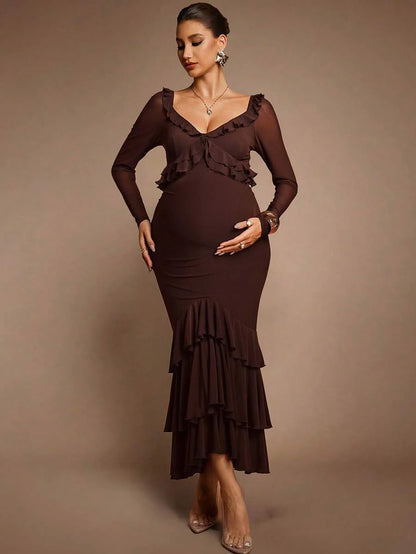 Elegant Party Solid Color Ruffle Hem Fishtail Maternity Dress Brown Luxury Evening Chic Baby Shower Maxi Long Chocolate Pregnancy For Photoshoot