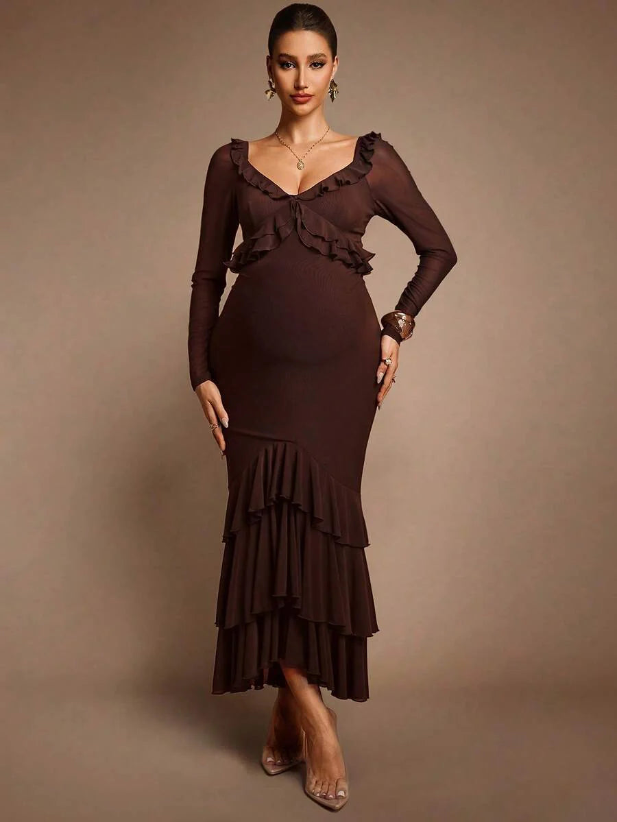 Elegant Party Solid Color Ruffle Hem Fishtail Maternity Dress Brown Luxury Evening Chic Baby Shower Maxi Long Chocolate Pregnancy For Photoshoot
