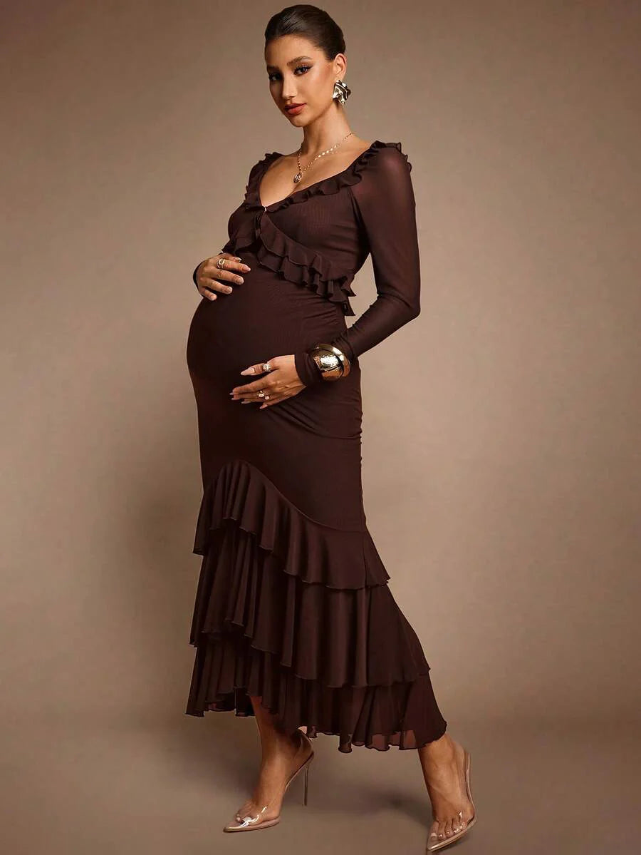 Elegant Party Solid Color Ruffle Hem Fishtail Maternity Dress Brown Luxury Evening Chic Baby Shower Maxi Long Chocolate Pregnancy For Photoshoot