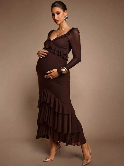 Elegant Party Solid Color Ruffle Hem Fishtail Maternity Dress Brown Luxury Evening Chic Baby Shower Maxi Long Chocolate Pregnancy For Photoshoot