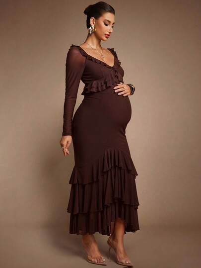 Elegant Party Solid Color Ruffle Hem Fishtail Maternity Dress Brown Luxury Evening Chic Baby Shower Maxi Long Chocolate Pregnancy For Photoshoot