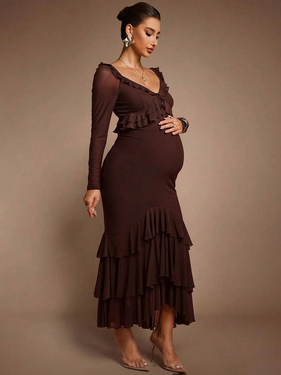 Elegant Party Solid Color Ruffle Hem Fishtail Maternity Dress Brown Luxury Evening Chic Baby Shower Maxi Long Chocolate Pregnancy For Photoshoot
