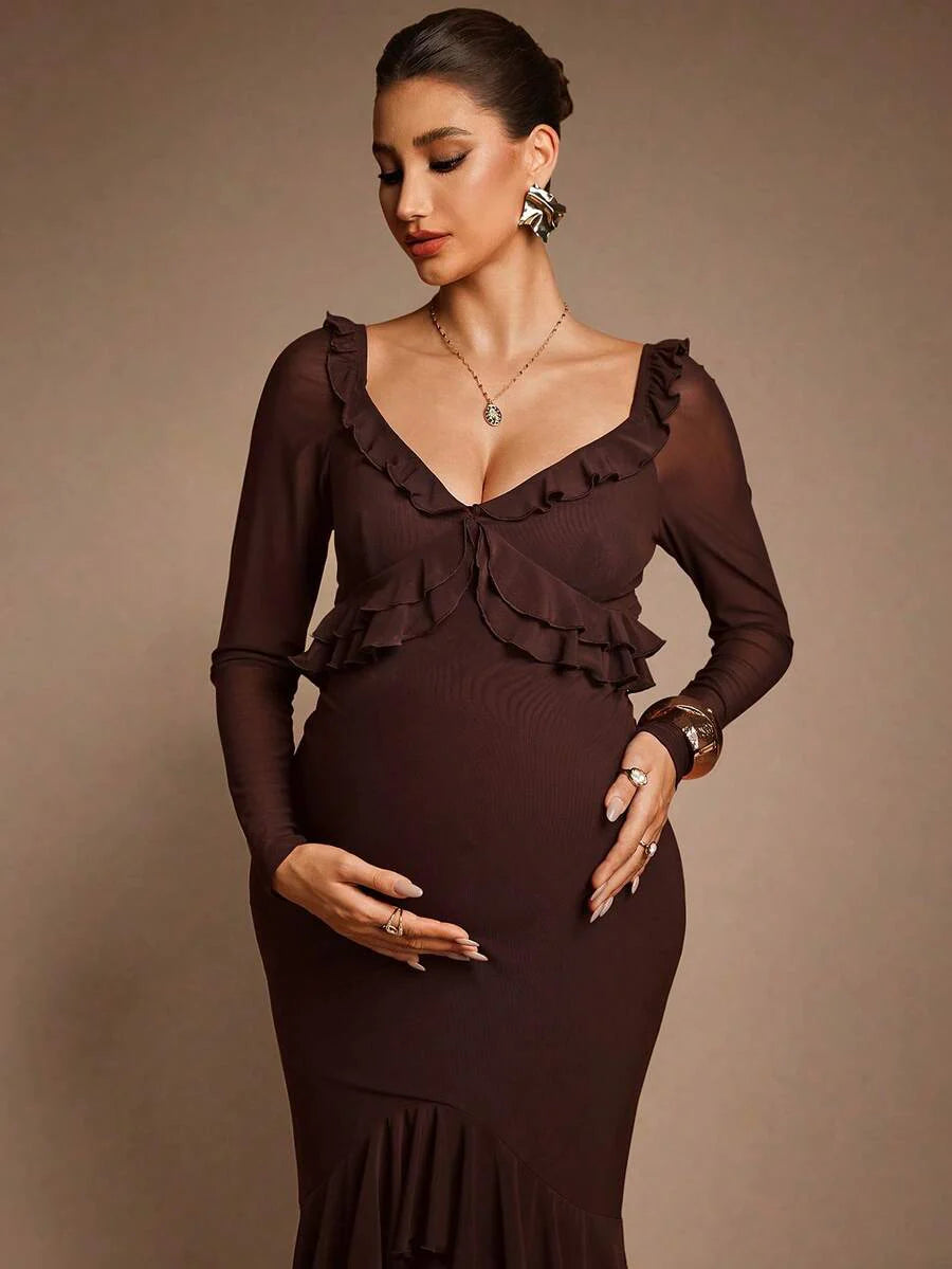 Elegant Party Solid Color Ruffle Hem Fishtail Maternity Dress Brown Luxury Evening Chic Baby Shower Maxi Long Chocolate Pregnancy For Photoshoot