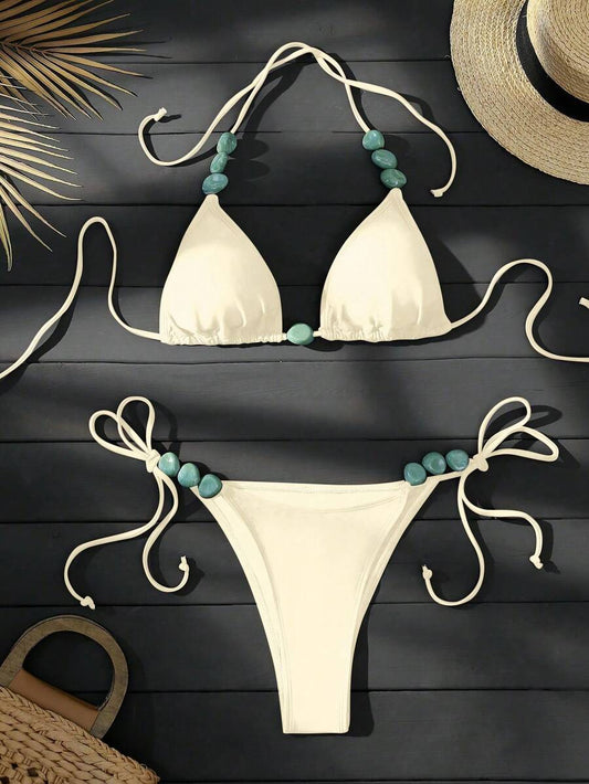 Swim Vcay Women's Summer Beach Halter Neck Tie Jade Marble Green Pattern Decor, Beach, Pool, Casual Party, Holiday, Spring/Summer