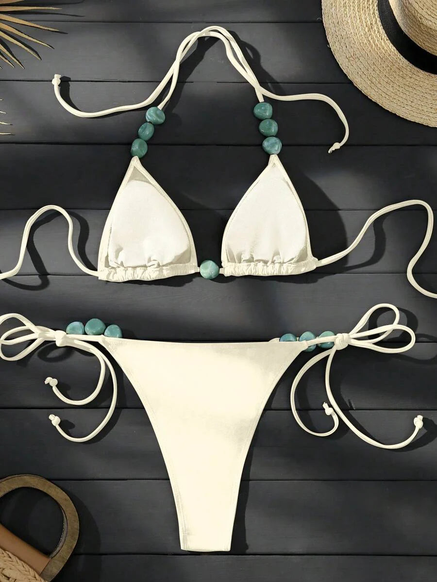 Swim Vcay Women's Summer Beach Halter Neck Tie Jade Marble Green Pattern Decor, Beach, Pool, Casual Party, Holiday, Spring/Summer