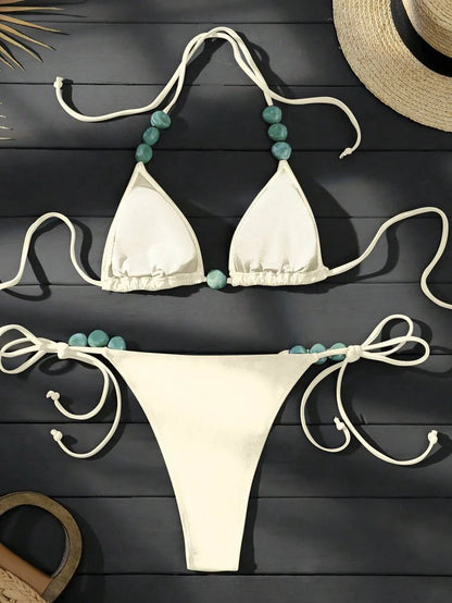 Swim Vcay Women's Summer Beach Halter Neck Tie Jade Marble Green Pattern Decor, Beach, Pool, Casual Party, Holiday, Spring/Summer