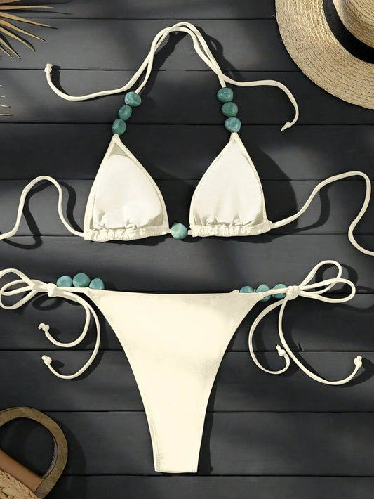 Swim Vcay Women's Summer Beach Halter Neck Tie Jade Marble Green Pattern Decor, Beach, Pool, Casual Party, Holiday, Spring/Summer