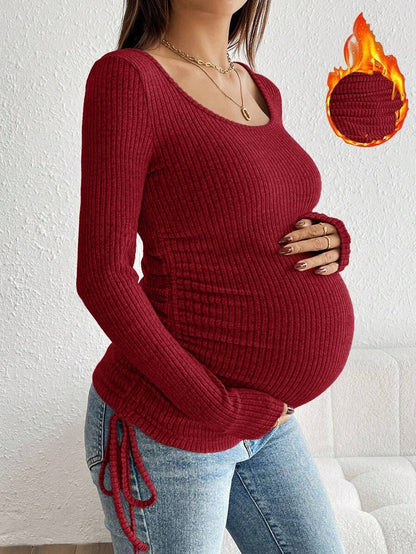 Maternity Drawstring Nursing Top - Square Neck, Long Sleeve, Slim Fit, High Stretch, White
