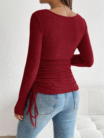 Maternity Drawstring Nursing Top - Square Neck, Long Sleeve, Slim Fit, High Stretch, White
