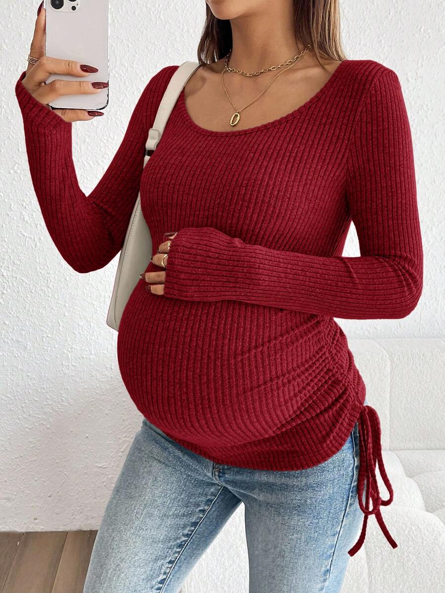 Maternity Drawstring Nursing Top - Square Neck, Long Sleeve, Slim Fit, High Stretch, White