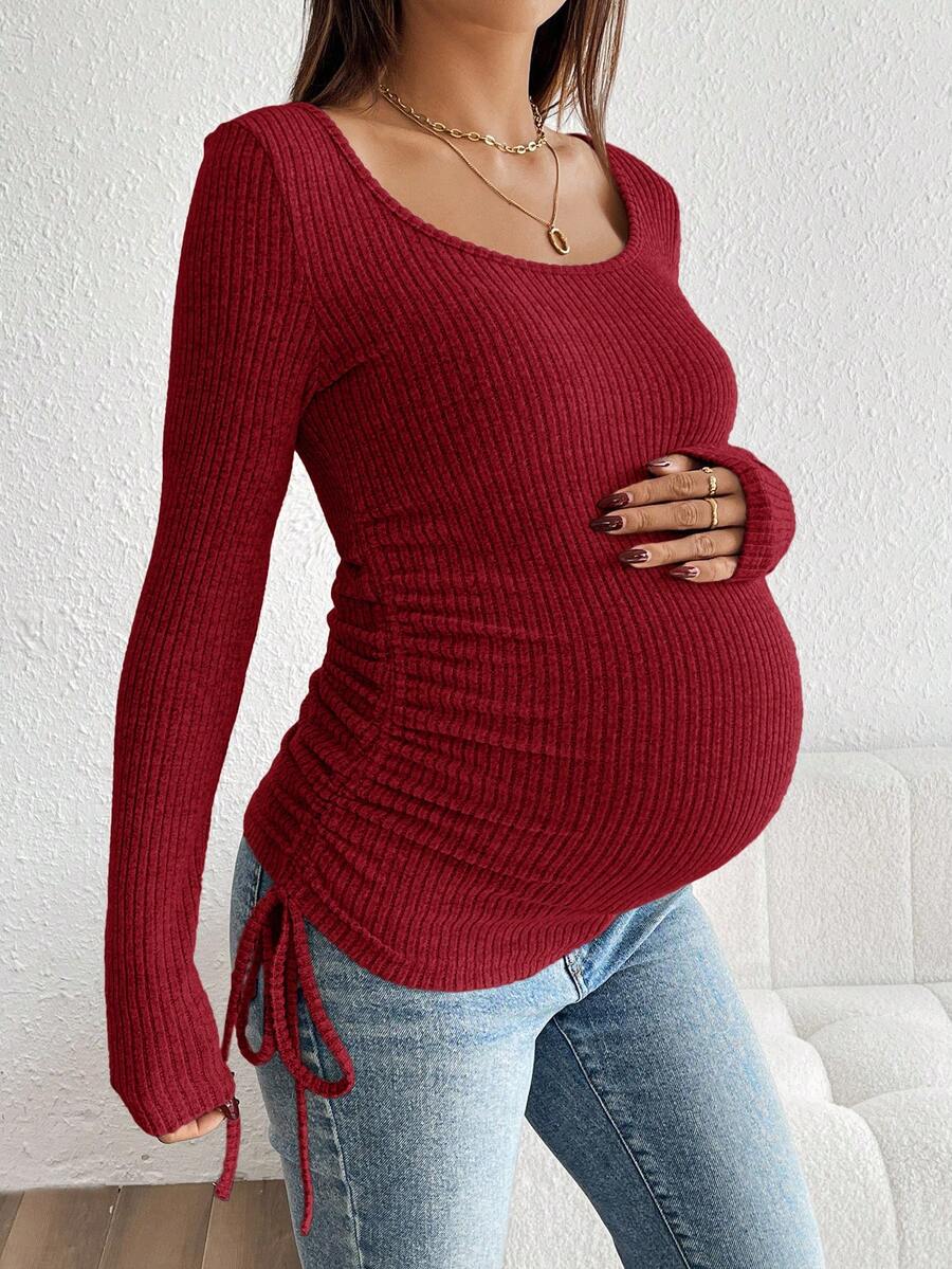 Maternity Drawstring Nursing Top - Square Neck, Long Sleeve, Slim Fit, High Stretch, White