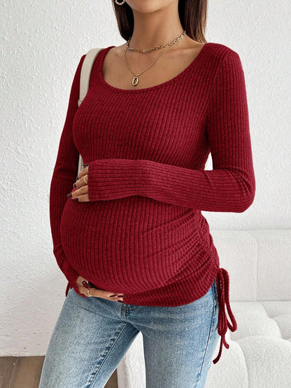 Maternity Drawstring Nursing Top - Square Neck, Long Sleeve, Slim Fit, High Stretch, White