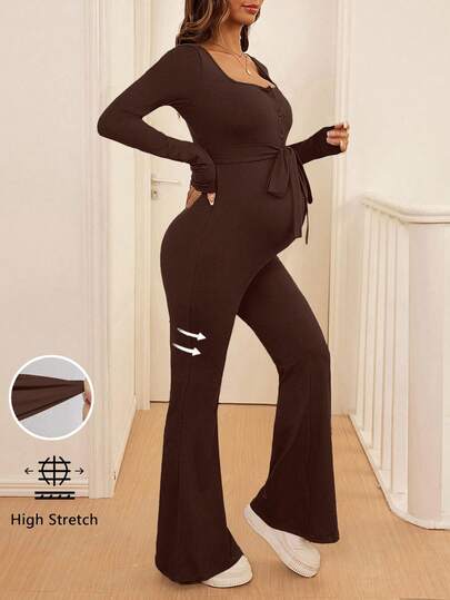 Maternity Solid Color Simple Long-Sleeved Jumpsuit