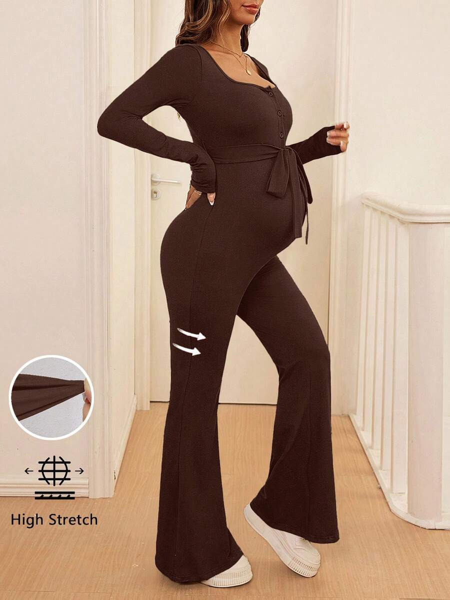 Maternity Solid Color Simple Long-Sleeved Jumpsuit