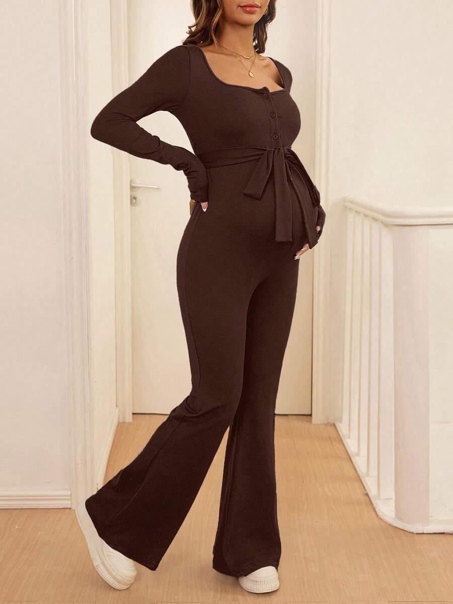 Maternity Solid Color Simple Long-Sleeved Jumpsuit