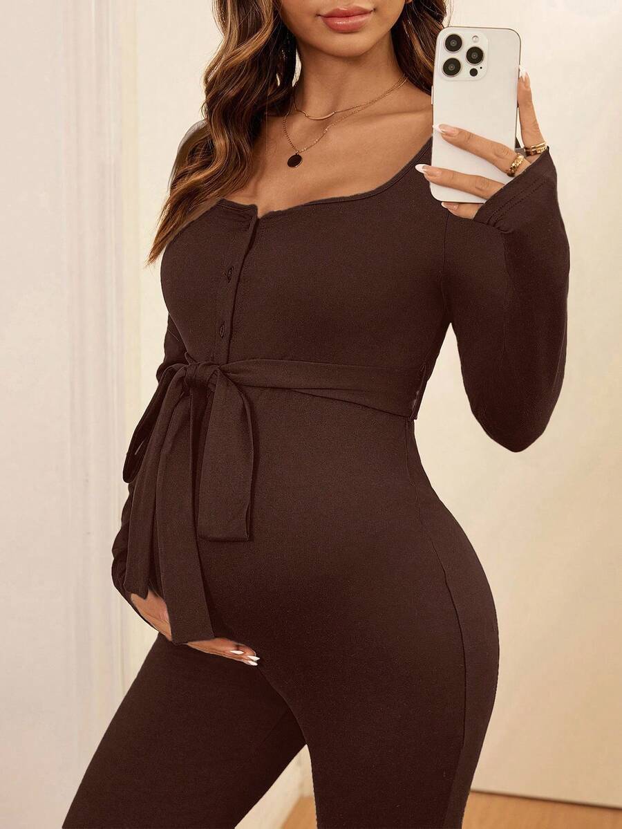 Maternity Solid Color Simple Long-Sleeved Jumpsuit
