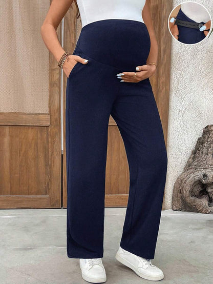 Maternity Casual Pants - Adjustable Waist, Straight Leg, Ultra High Waist, Black