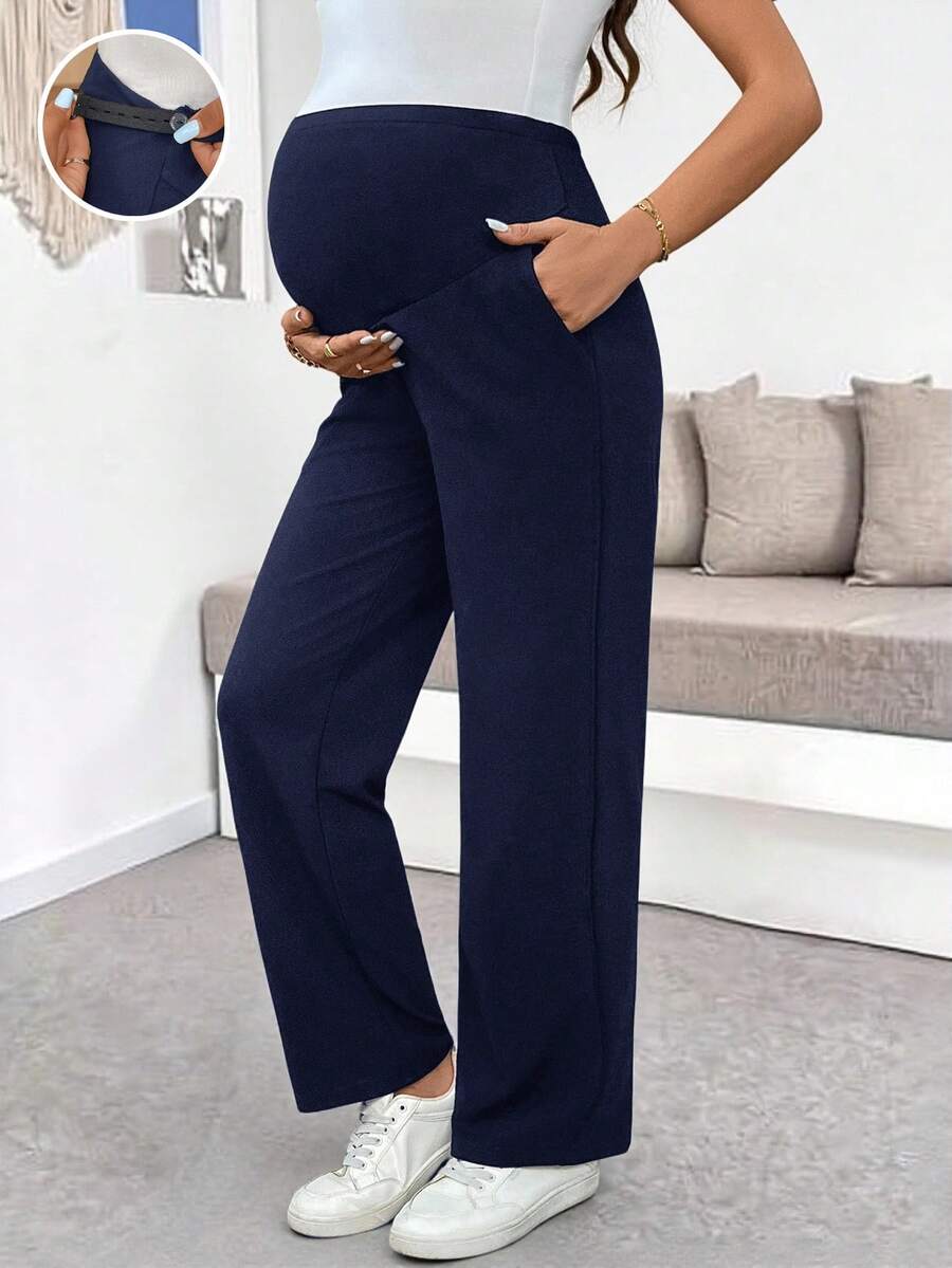 Burgundy Ultra High Waist Maternity Straight Leg Pants – Adjustable Medium Stretch Knitted Casual Trousers for Daily Wear & Fall Holidays