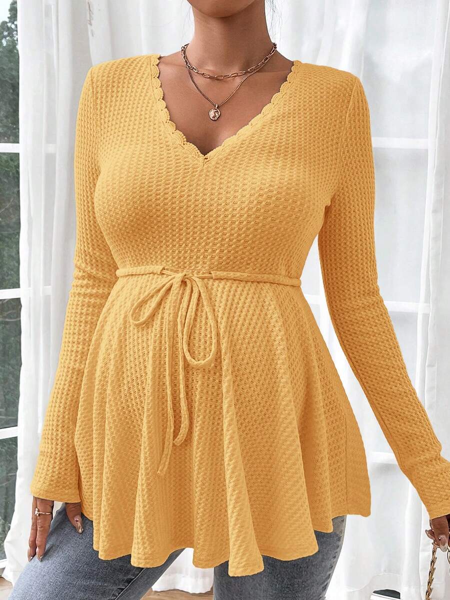 Maternity Khaki Deep V Neck Long Sleeve T-Shirt Loose Fit Belted Flared Hem Knitted Maternity Top for Fall