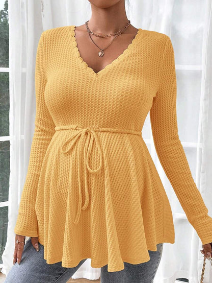 Maternity Khaki Deep V Neck Long Sleeve T-Shirt Loose Fit Belted Flared Hem Knitted Maternity Top for Fall