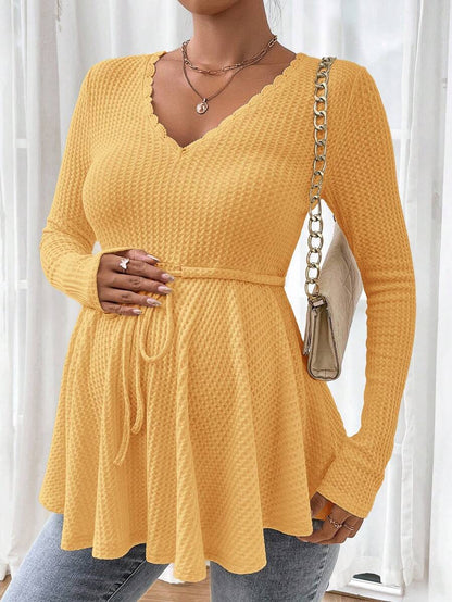 Maternity Khaki Deep V Neck Long Sleeve T-Shirt Loose Fit Belted Flared Hem Knitted Maternity Top for Fall