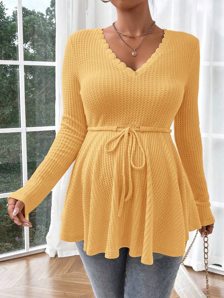 Maternity Khaki Deep V Neck Long Sleeve T-Shirt Loose Fit Belted Flared Hem Knitted Maternity Top for Fall