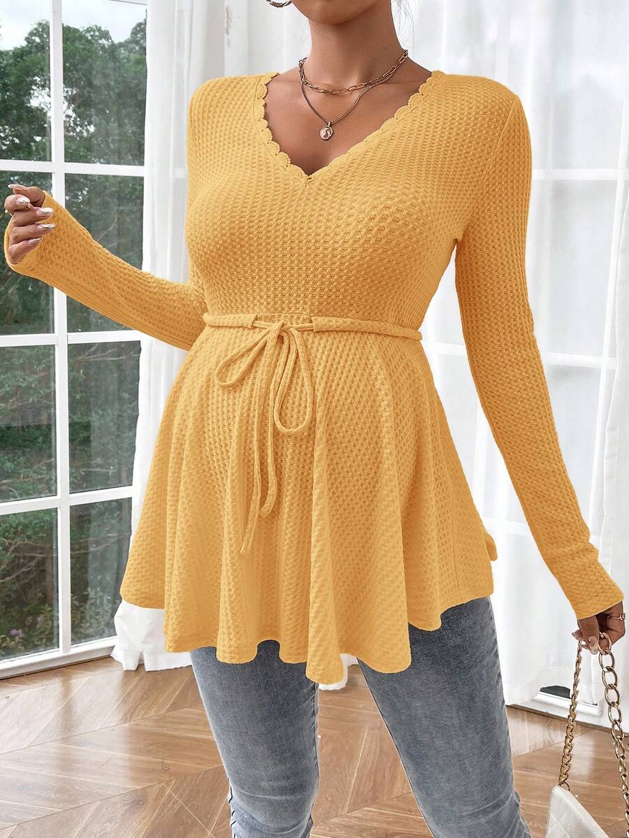 Maternity Khaki Deep V Neck Long Sleeve T-Shirt Loose Fit Belted Flared Hem Knitted Maternity Top for Fall