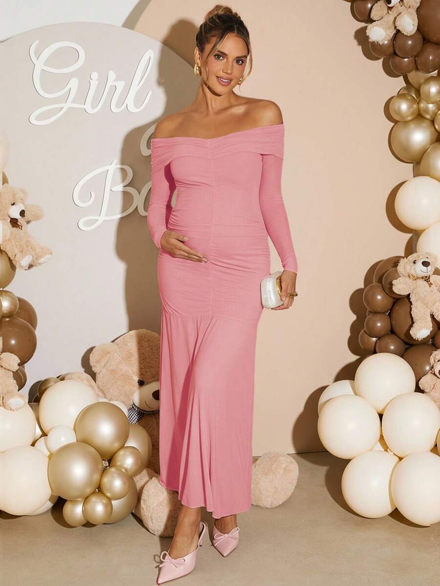Maternity Off Shoulder Ruched Fishtail Dress - Long Sleeve Solid Color Fitted Elegant Gown for Baby Shower, Gender Reveal & Photoshoot