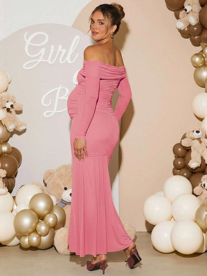 Maternity Off Shoulder Ruched Fishtail Dress - Long Sleeve Solid Color Fitted Elegant Gown for Baby Shower, Gender Reveal & Photoshoot