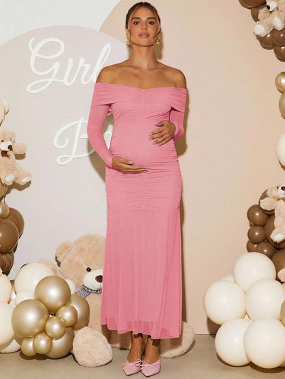 Maternity Off Shoulder Ruched Fishtail Dress - Long Sleeve Solid Color Fitted Elegant Gown for Baby Shower, Gender Reveal & Photoshoot