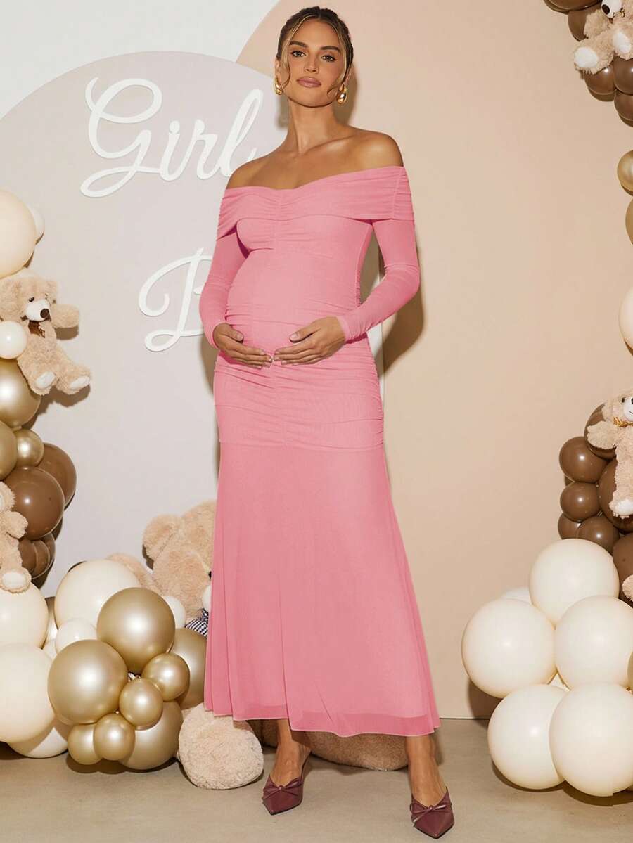 Maternity Off Shoulder Ruched Fishtail Dress - Long Sleeve Solid Color Fitted Elegant Gown for Baby Shower, Gender Reveal & Photoshoot