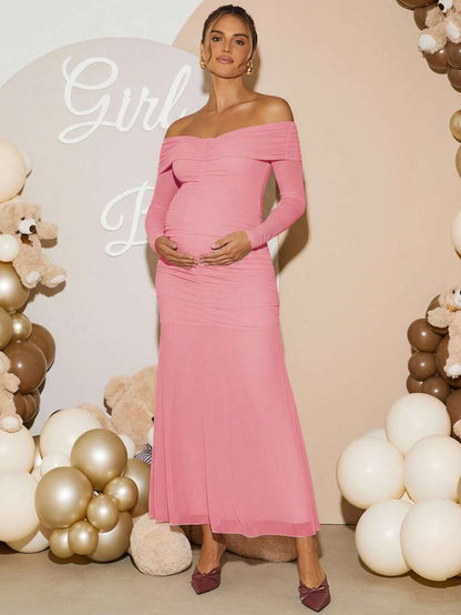 Maternity Off Shoulder Ruched Fishtail Dress - Long Sleeve Solid Color Fitted Elegant Gown for Baby Shower, Gender Reveal & Photoshoot
