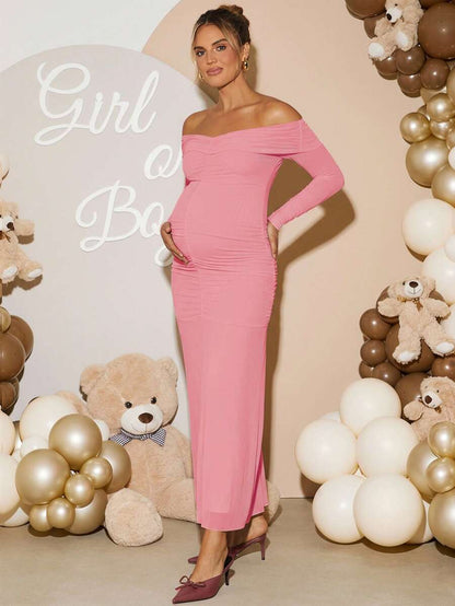 Maternity Off Shoulder Ruched Fishtail Dress - Long Sleeve Solid Color Fitted Elegant Gown for Baby Shower, Gender Reveal & Photoshoot