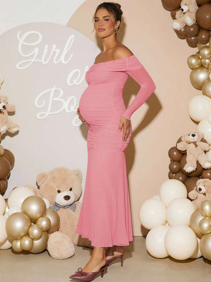 Maternity Off Shoulder Ruched Fishtail Dress - Long Sleeve Solid Color Fitted Elegant Gown for Baby Shower, Gender Reveal & Photoshoot