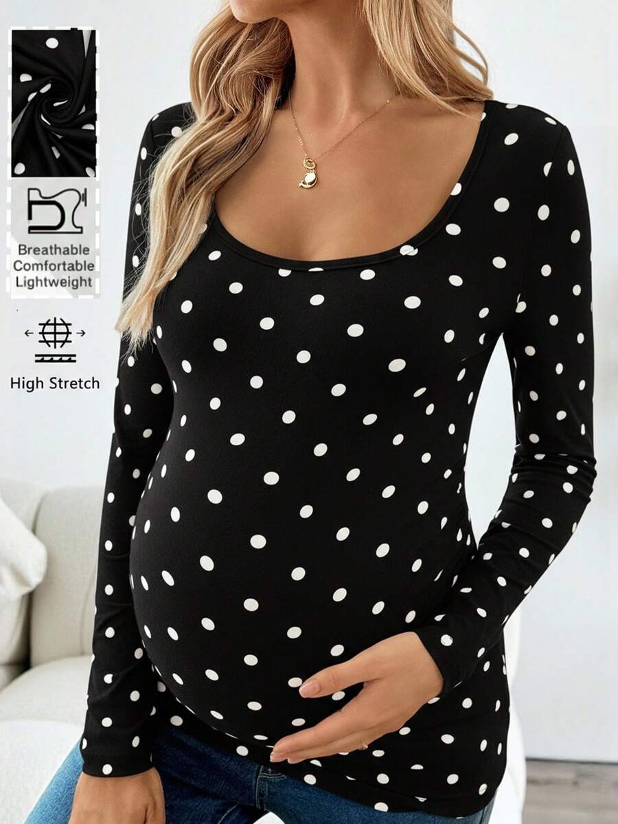 Apricot Polka Dot Maternity Top - Slim Fit Long Sleeve Scoop Neck Knitted Maternity Shirt - Soft Stretch Pregnancy T-Shirt for Office & Casual