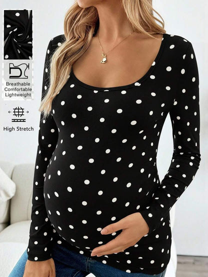 Apricot Polka Dot Maternity Top - Slim Fit Long Sleeve Scoop Neck Knitted Maternity Shirt - Soft Stretch Pregnancy T-Shirt for Office & Casual