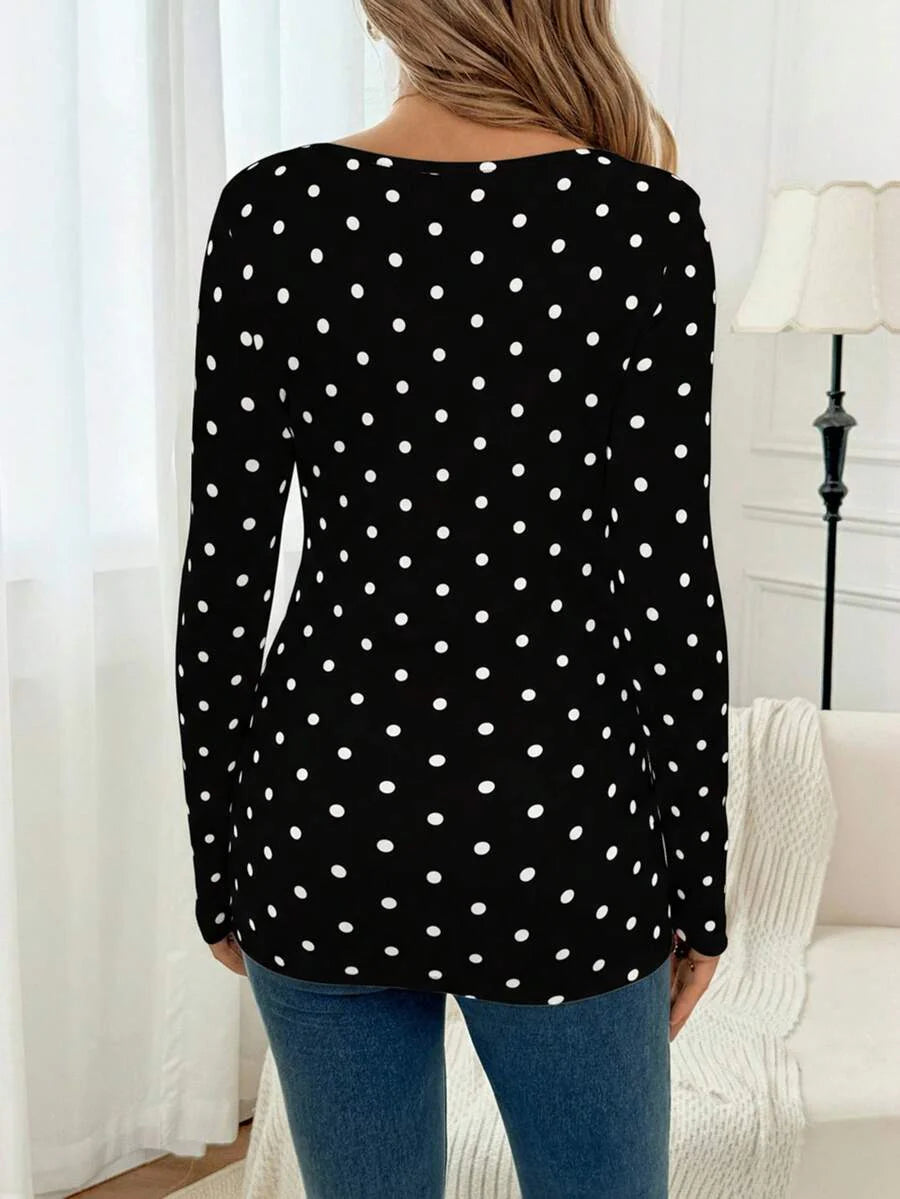 Apricot Polka Dot Maternity Top - Slim Fit Long Sleeve Scoop Neck Knitted Maternity Shirt - Soft Stretch Pregnancy T-Shirt for Office & Casual